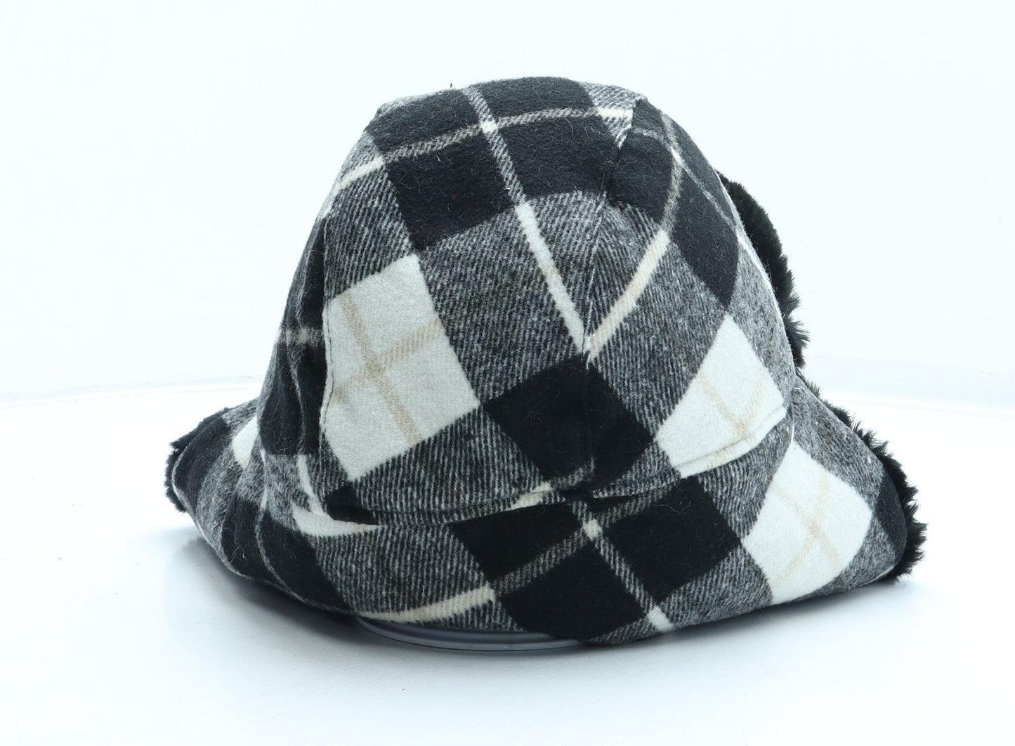 Preworn Womens Black Gingham Acrylic Trapper Hat One Size - Faux Fur Pom Pom