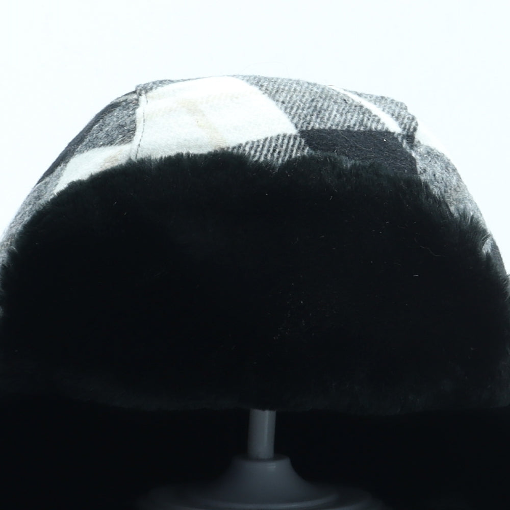 Preworn Womens Black Gingham Acrylic Trapper Hat One Size - Faux Fur Pom Pom