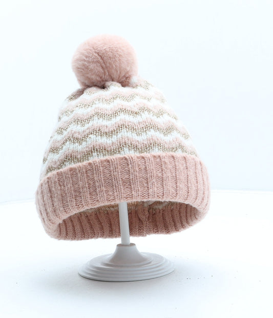 George Girls Pink Striped Polyester Bobble Hat One Size - UK Size 1-3 Year