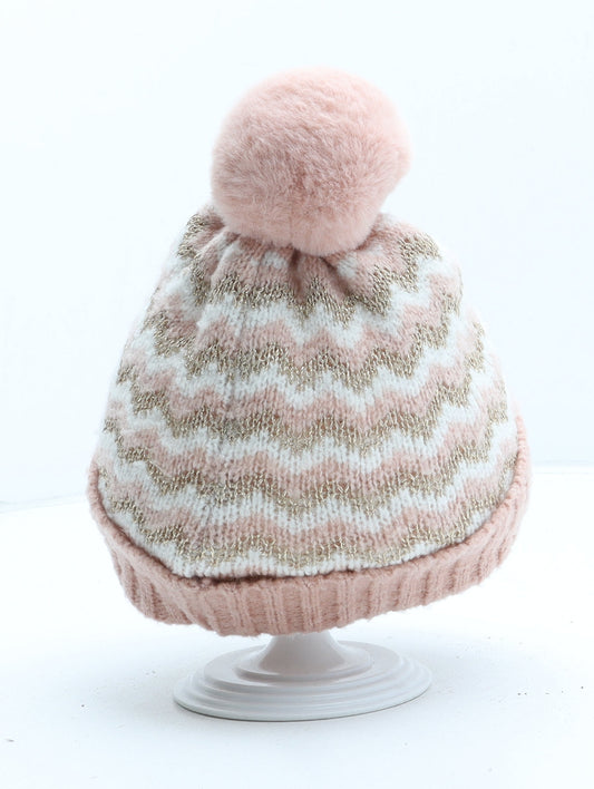 George Girls Pink Striped Polyester Bobble Hat One Size - UK Size 1-3 Year