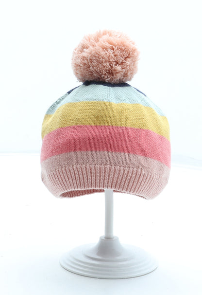 F&F Girls Multicoloured Striped 100% Cotton Bobble Hat One Size - Size 9-12 Months