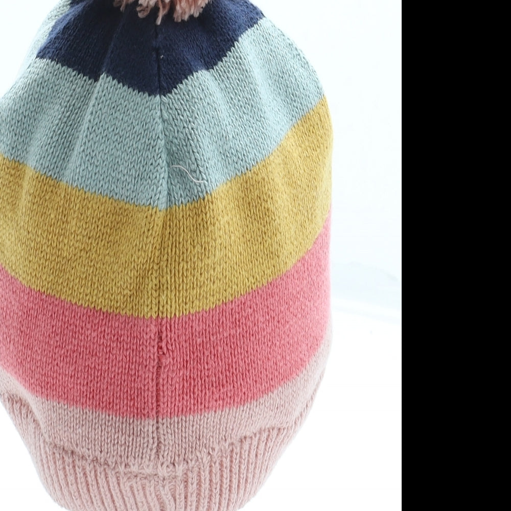 F&F Girls Multicoloured Striped 100% Cotton Bobble Hat One Size - Size 9-12 Months