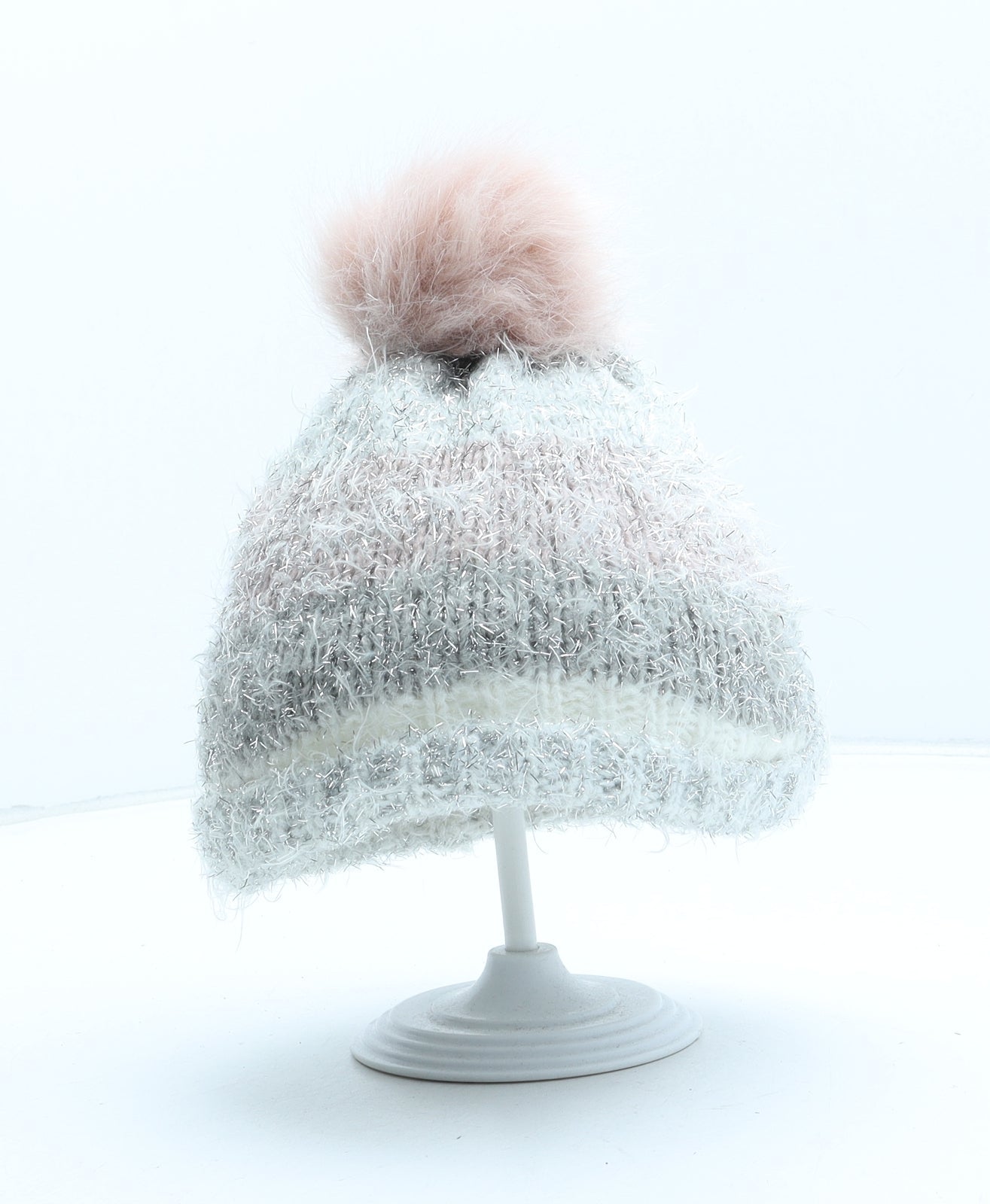 F&F Girls Silver Acrylic Bobble Hat One Size