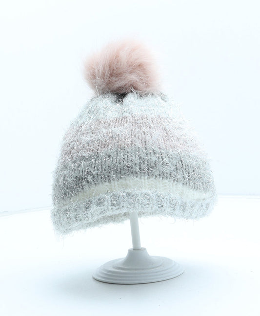 F&F Girls Silver Acrylic Bobble Hat One Size