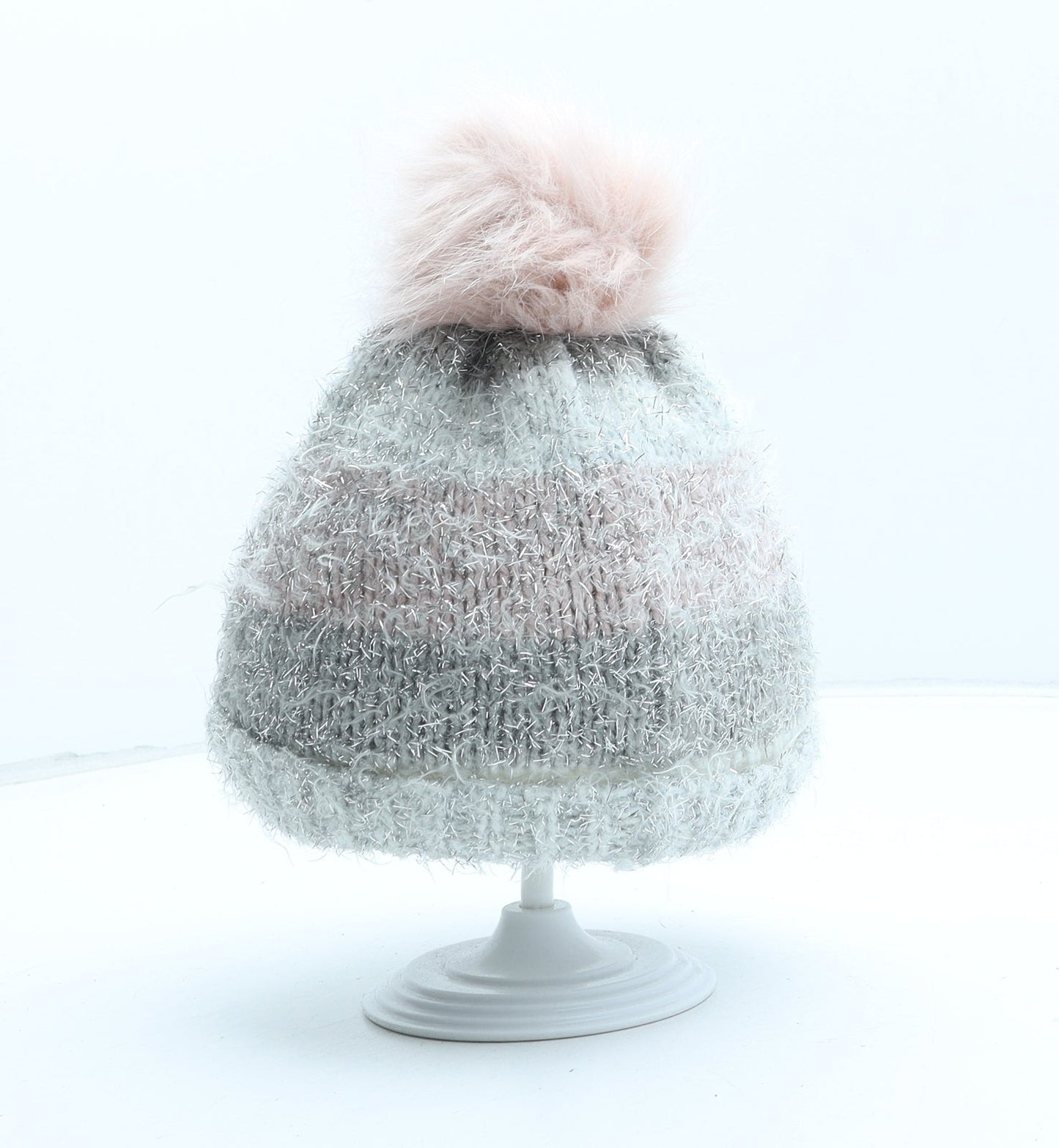 F&F Girls Silver Acrylic Bobble Hat One Size