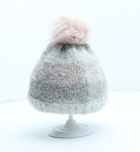 F&F Girls Silver Acrylic Bobble Hat One Size
