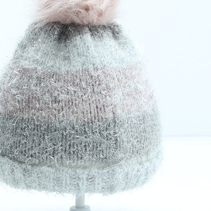 F&F Girls Silver Acrylic Bobble Hat One Size