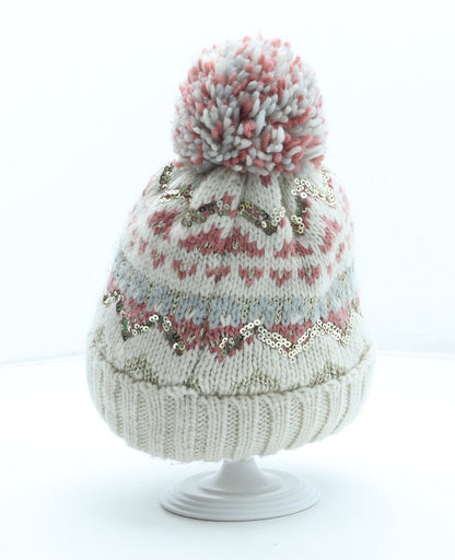 F&F Girls Multicoloured Fair Isle Acrylic Bobble Hat Size S - Size 7-10 Years