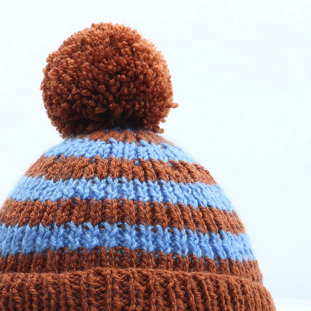 Preworn Mens Multicoloured Striped Acrylic Beanie Size S - Pom Pom Detail