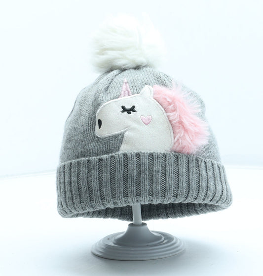 Primark Girls Grey Acrylic Bobble Hat One Size - Unicorn