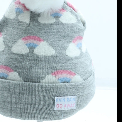 Primark Girls Grey Geometric Acrylic Bobble Hat One Size - Rainbow Pattern Size 12-24 Months