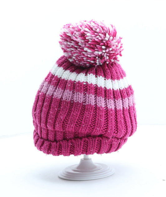 Preworn Girls Pink Colourblock Acrylic Bobble Hat One Size