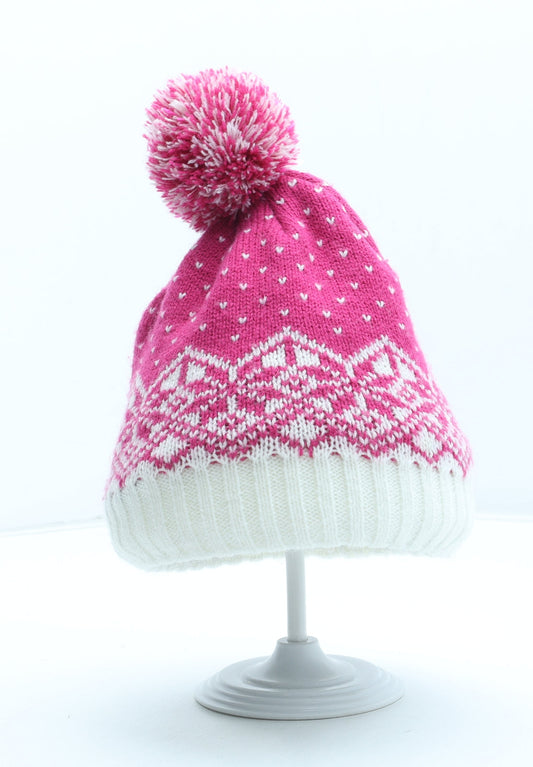 Preworn Girls Pink Fair Isle Acrylic Bobble Hat Size S