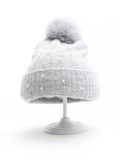 F&F Girls Grey Acrylic Bobble Hat One Size - UK Size 7-10 Years