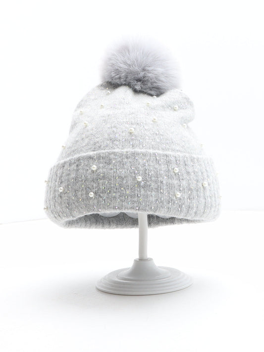 F&F Girls Grey Acrylic Bobble Hat One Size - UK Size 7-10 Years