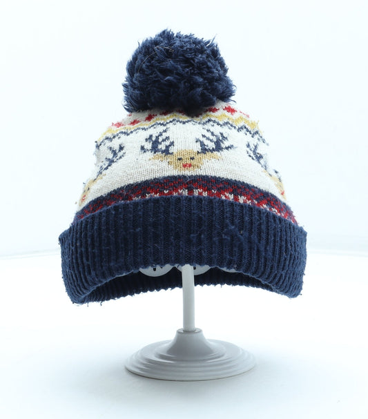 F&F Boys Multicoloured Fair Isle Acrylic Bobble Hat Size S - Reindeer Pattern Size 7-10 Years