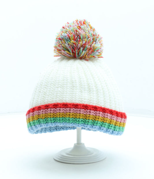 George Girls White Colourblock Acrylic Bobble Hat Size S - Size 1-3 years