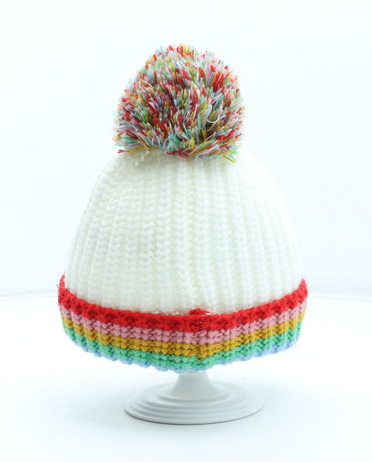 George Girls White Colourblock Acrylic Bobble Hat Size S - Size 1-3 years