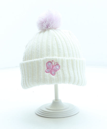 Preworn Girls White Acrylic Bobble Hat Size S - Butterfly Pattern