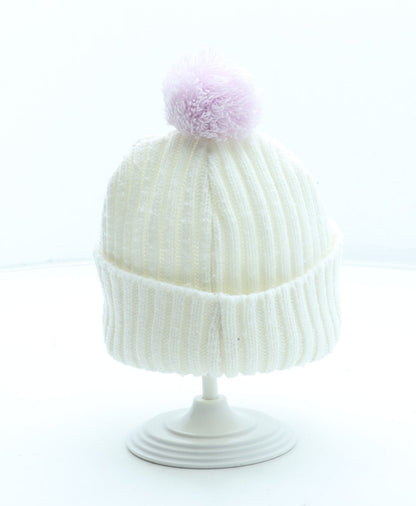 Preworn Girls White Acrylic Bobble Hat Size S - Butterfly Pattern