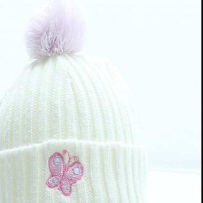 Preworn Girls White Acrylic Bobble Hat Size S - Butterfly Pattern