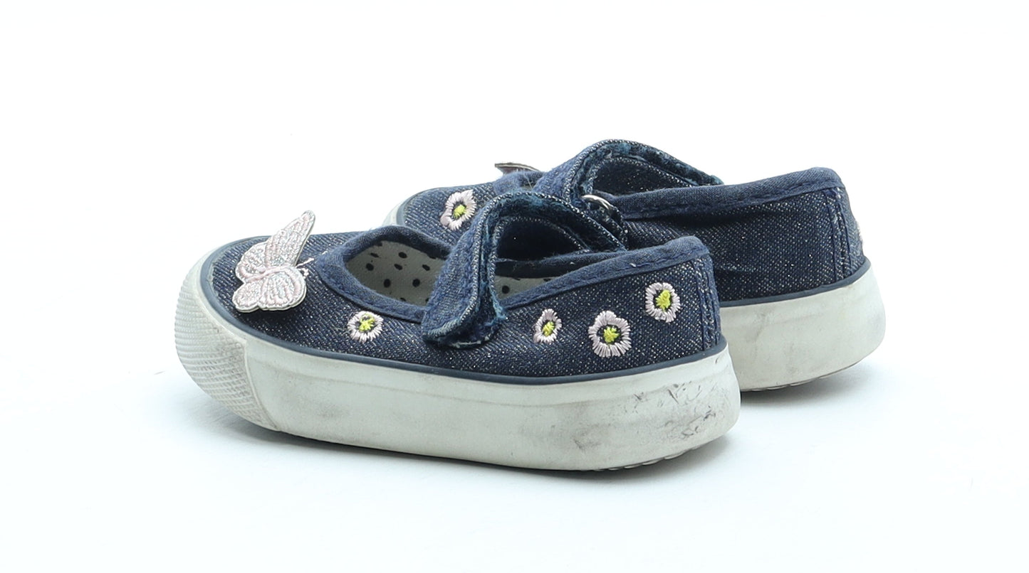 Primark Girls Blue Floral Polyester Mary Jane Casual UK 3 19 - Butterfly Detail