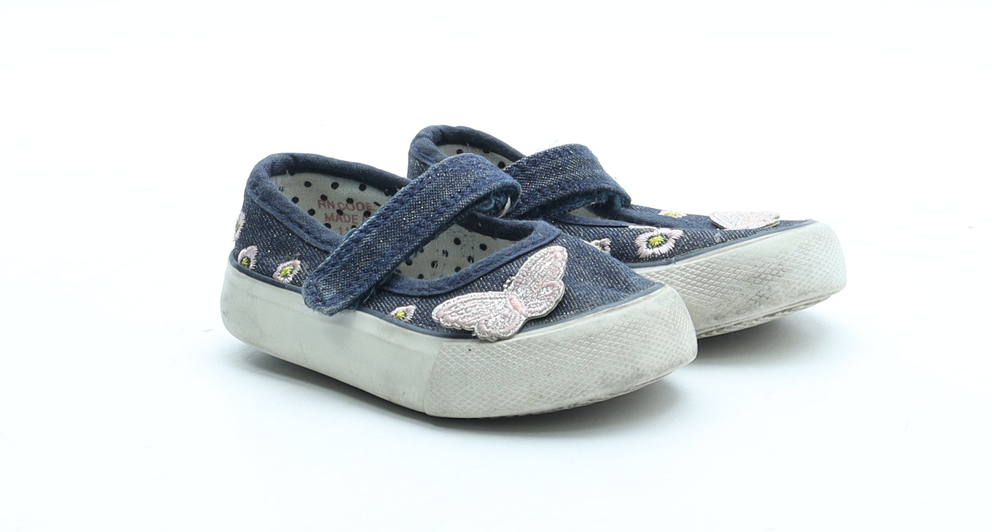 Primark Girls Blue Floral Polyester Mary Jane Casual UK 3 19 - Butterfly Detail