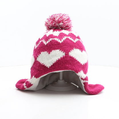 George Girls Pink Geometric Acrylic Winter Hat One Size - Heart Pattern Size 8-12 Years