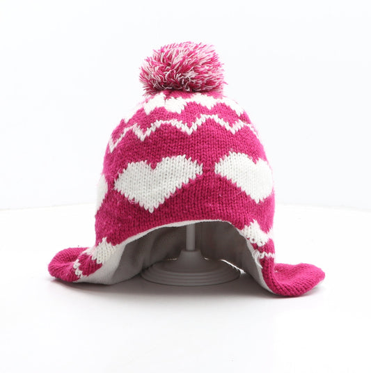 George Girls Pink Geometric Acrylic Winter Hat One Size - Heart Pattern Size 8-12 Years