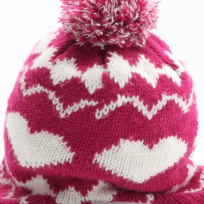 George Girls Pink Geometric Acrylic Winter Hat One Size - Heart Pattern Size 8-12 Years