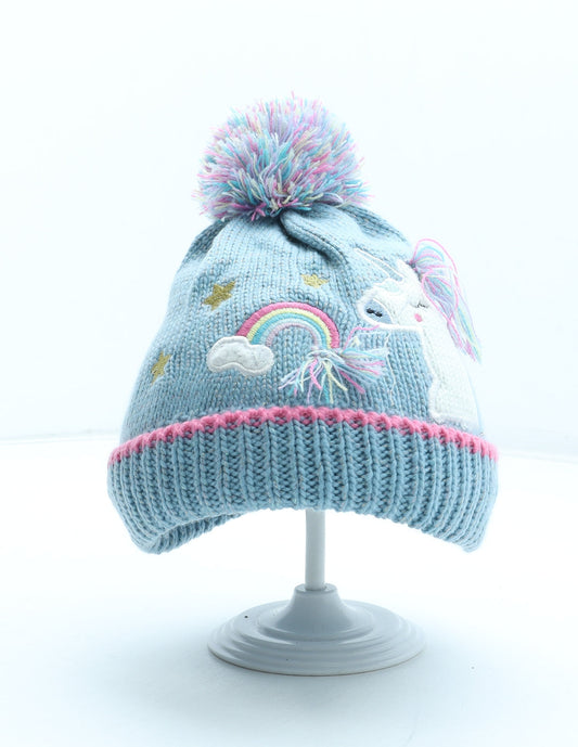 Preworn Girls Blue Acrylic Bobble Hat Size S - Unicorn Detail