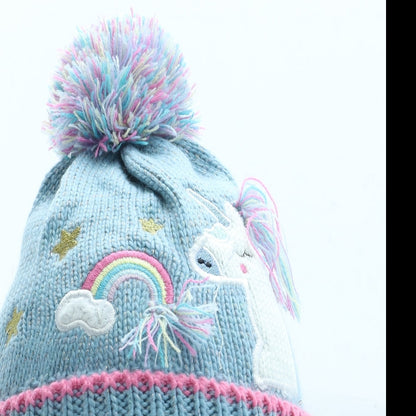 Preworn Girls Blue Acrylic Bobble Hat Size S - Unicorn Detail