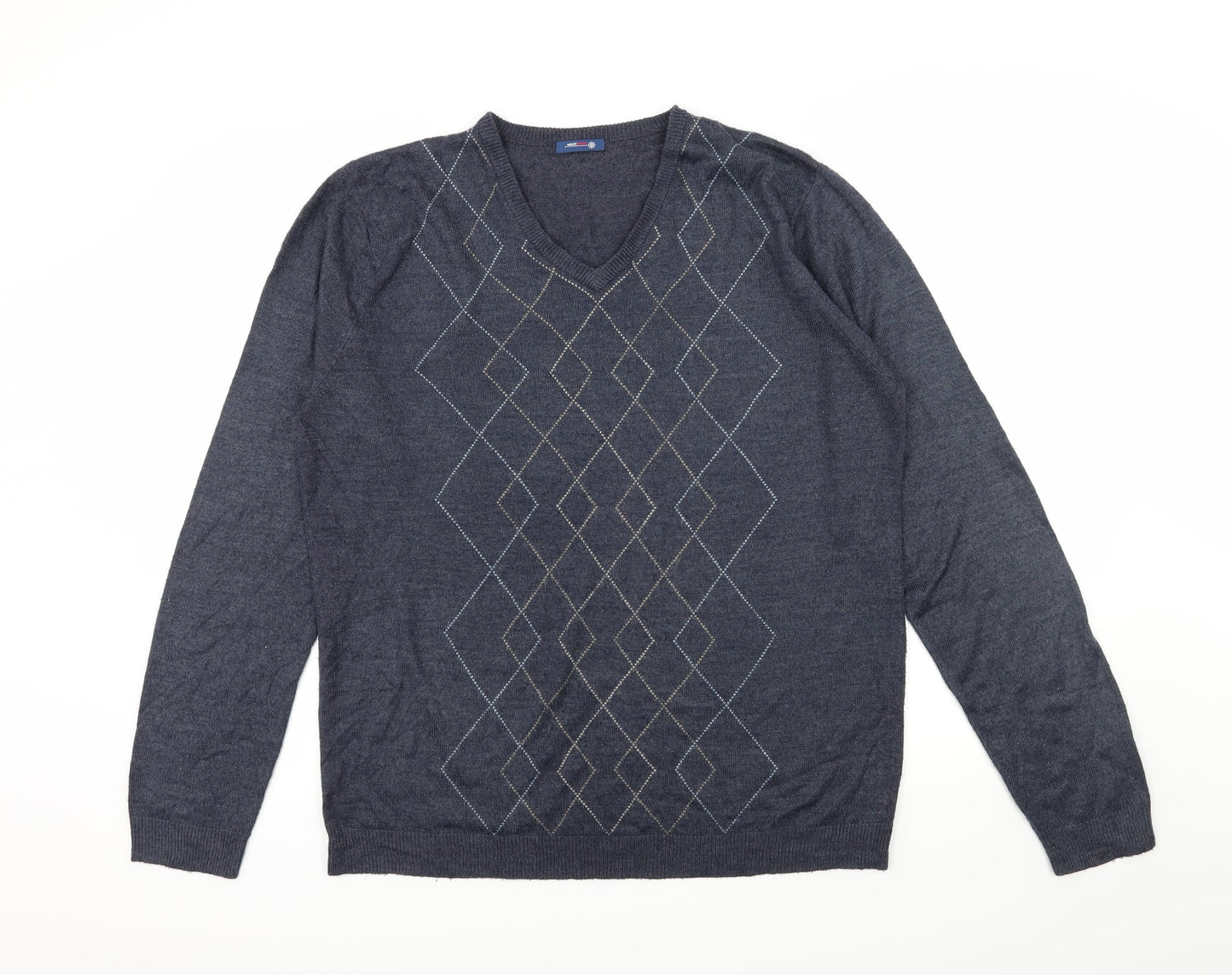 West Rock Mens Blue Argyle/Diamond Knit Pullover Jumper Size M