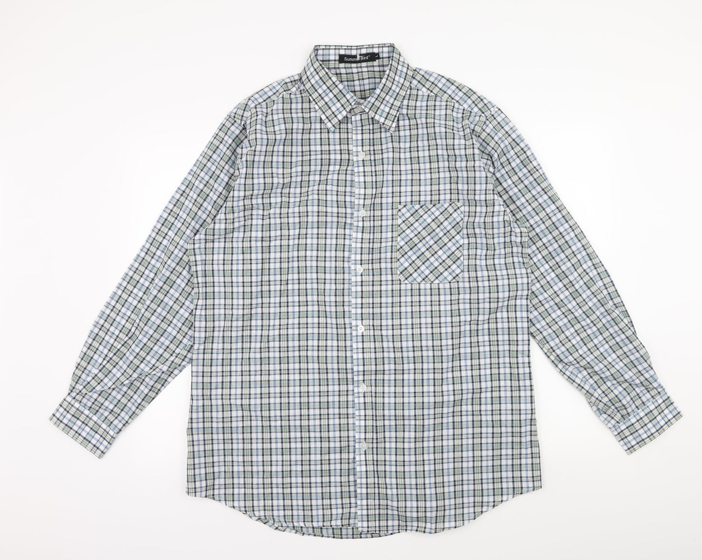 Summer Bird Mens Blue Plaid   Button-Up Size L