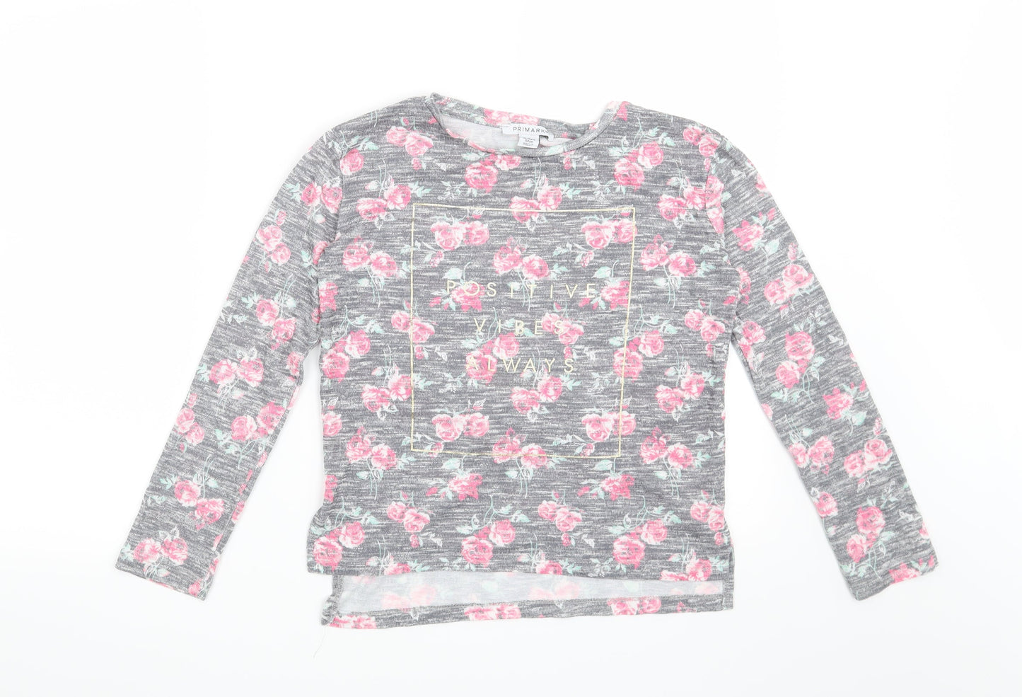 Primark Girls Grey Floral  Basic T-Shirt Size 12-13 Years  - Positive Vibes Always