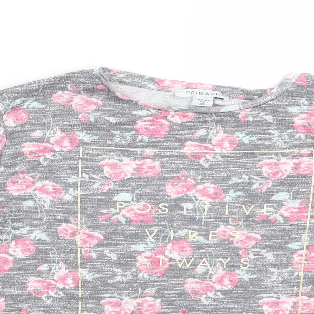 Primark Girls Grey Floral  Basic T-Shirt Size 12-13 Years  - Positive Vibes Always