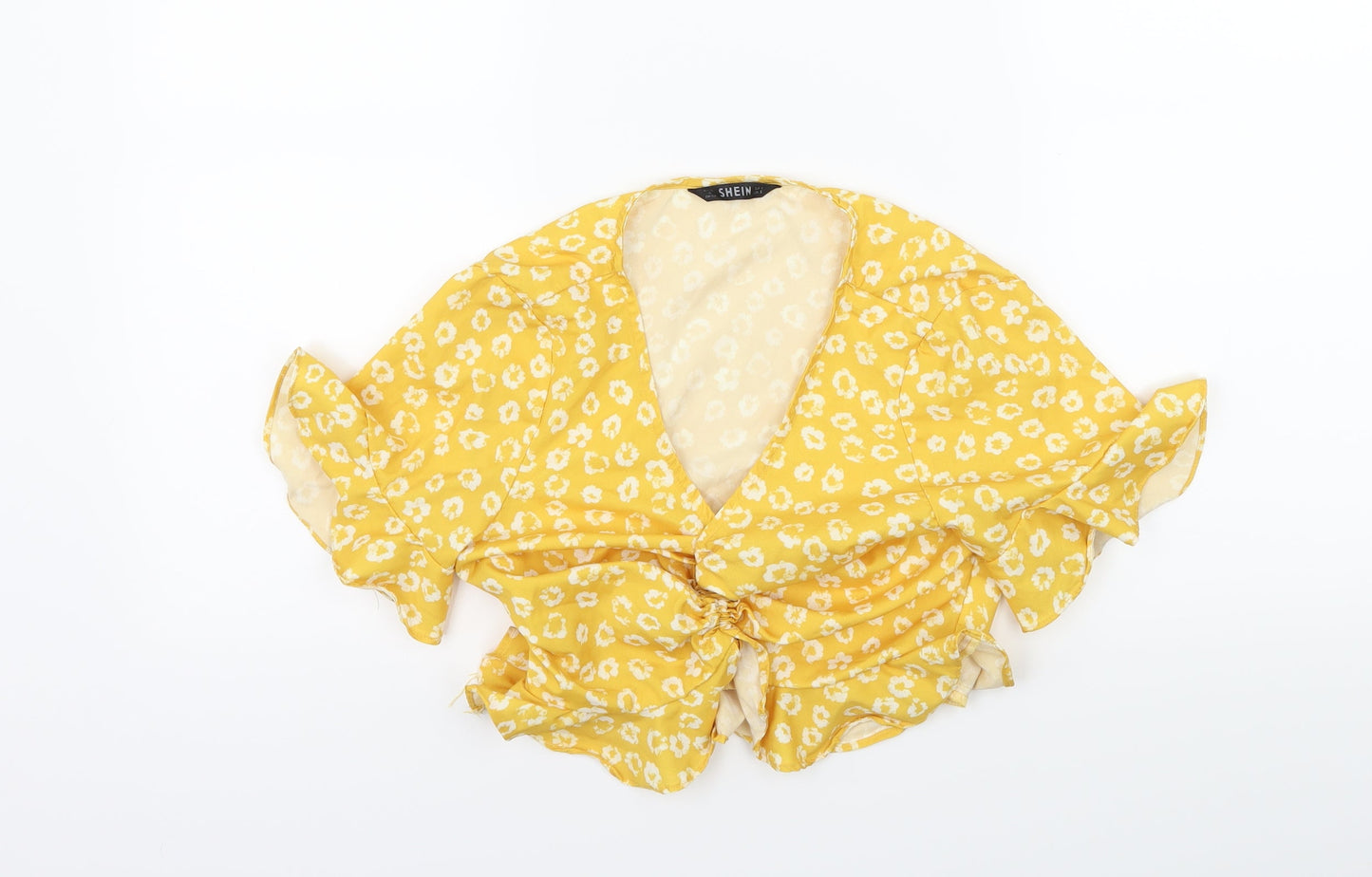 SheIn Womens Yellow Floral  Basic Blouse Size S  - Ruched