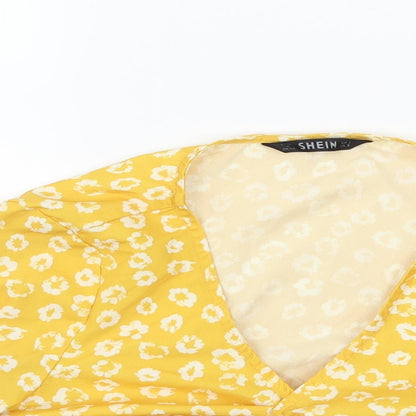 SheIn Womens Yellow Floral  Basic Blouse Size S  - Ruched