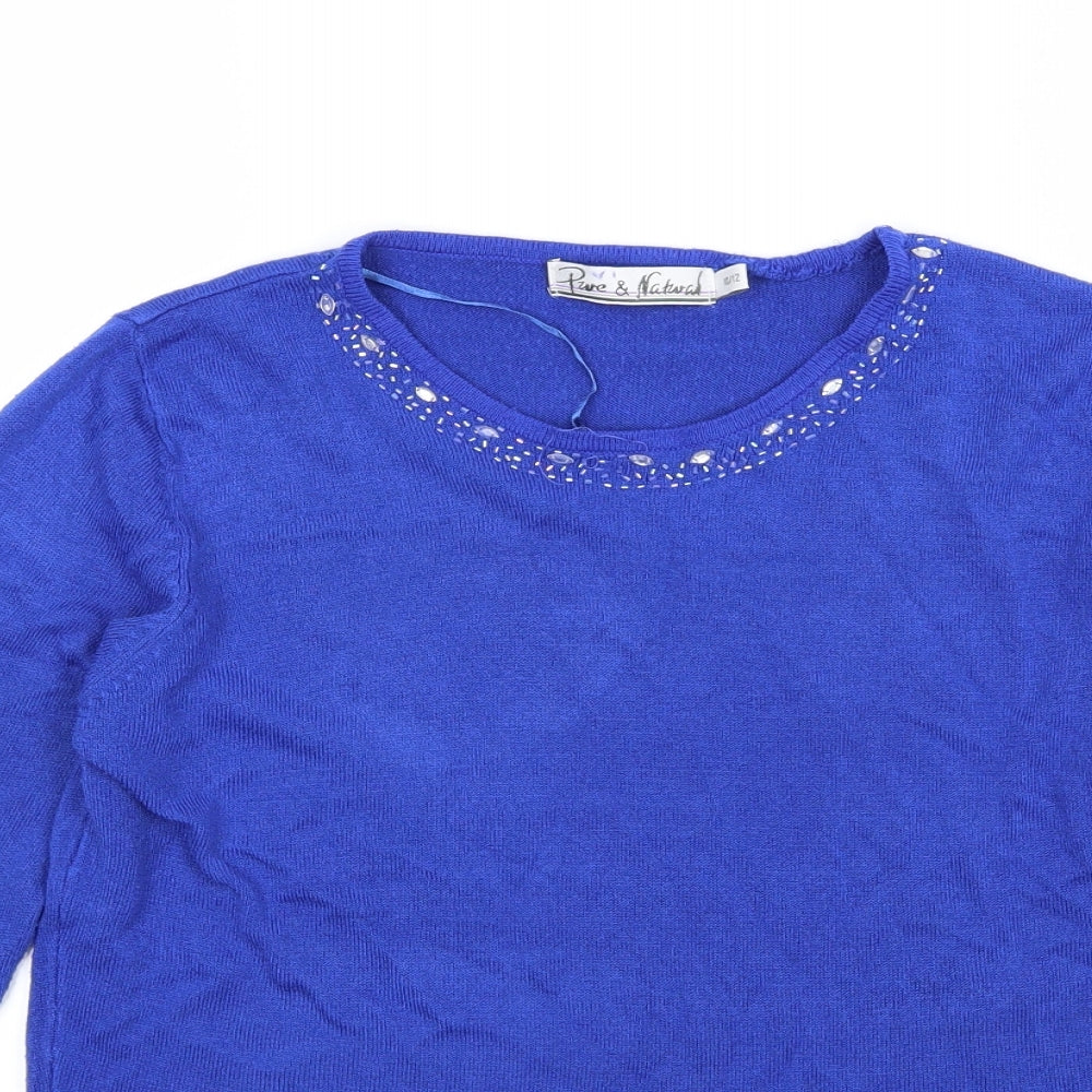 Pure & Natural Womens Blue  Knit Pullover Jumper Size 10  - beaded
