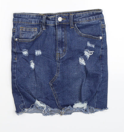 PRETTYLITTLETHING Womens Blue  Denim Mini Skirt Size 8  - Distressed