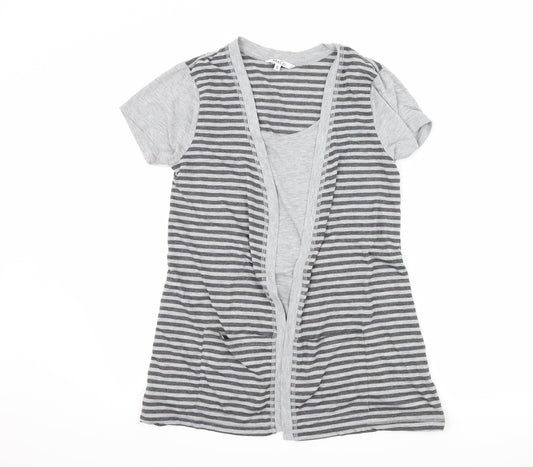 M&Co Womens Grey Striped  Basic T-Shirt Size S  - top and cardigan in one