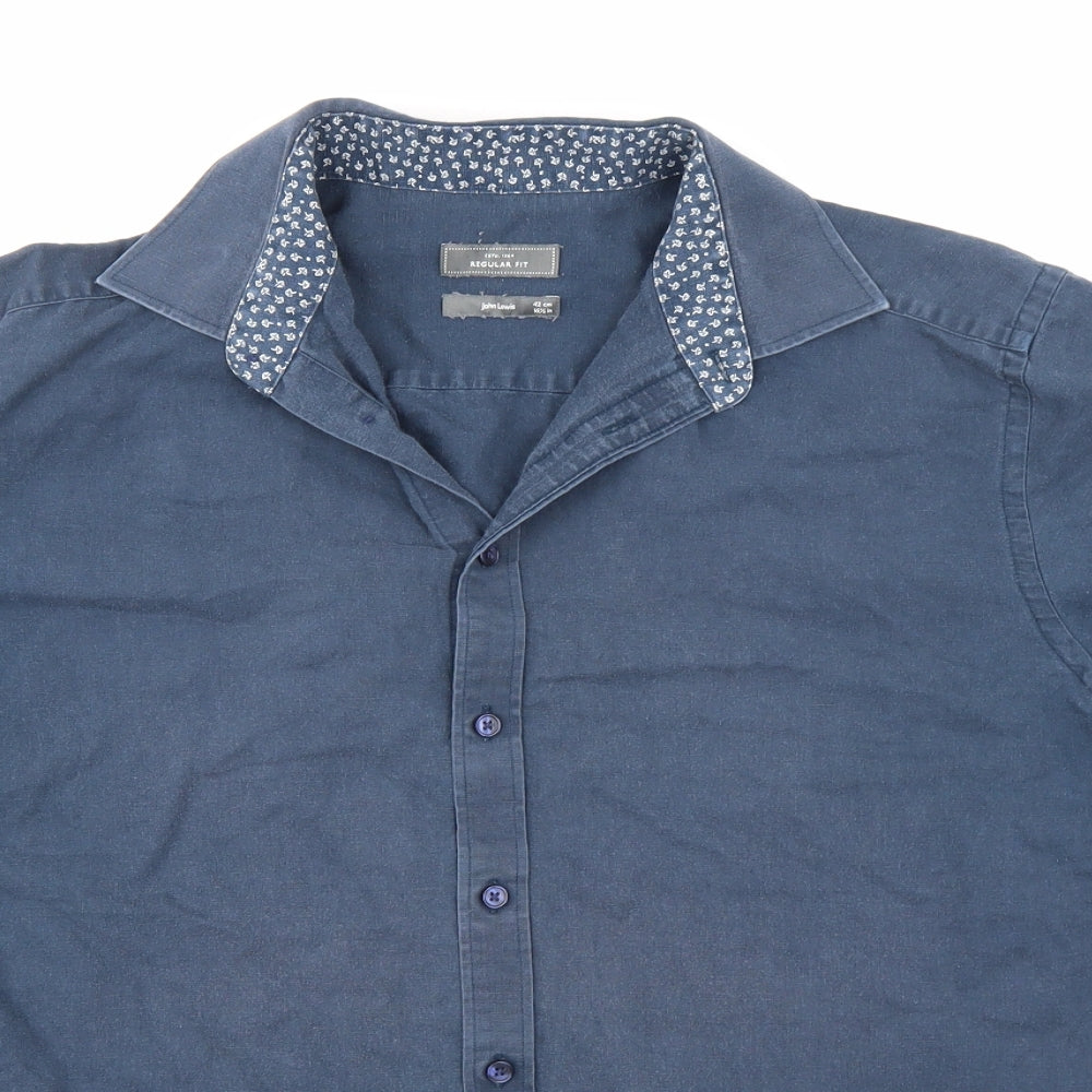 Mens UK Size 42 John Lewis Blue  Button-Up Short Sleeve Casual Shirt