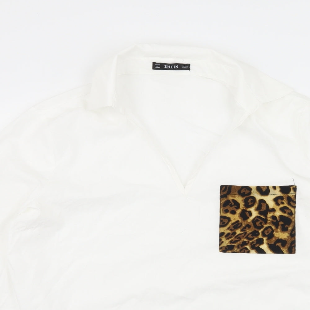 SheIn Womens White Animal Print  Basic Blouse Size M  - Leopard Print Pocket