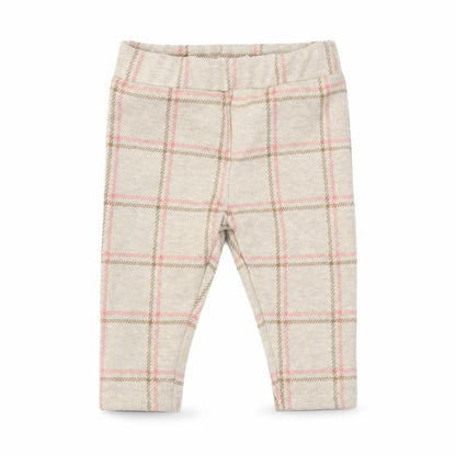 Front view of Nutmeg girls’ beige check cropped leggings, size 3-6, months