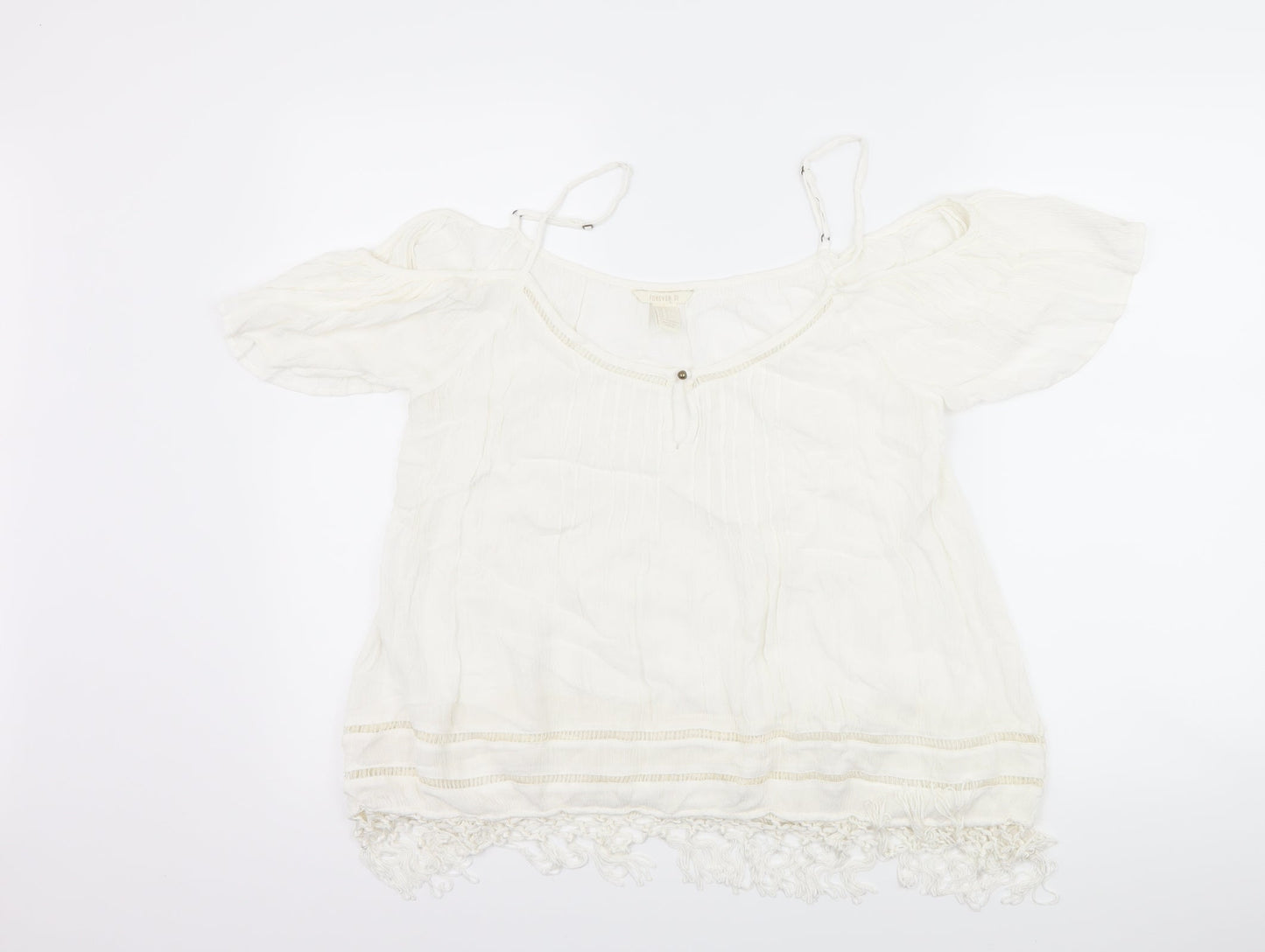 FOREVER 21 Womens Ivory   Basic T-Shirt Size L  - Cut Out Shoulder