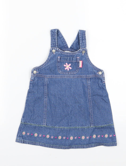 BHS Girls Blue Floral Denim Pinafore/Dungaree Dress  Size 12-18 Months