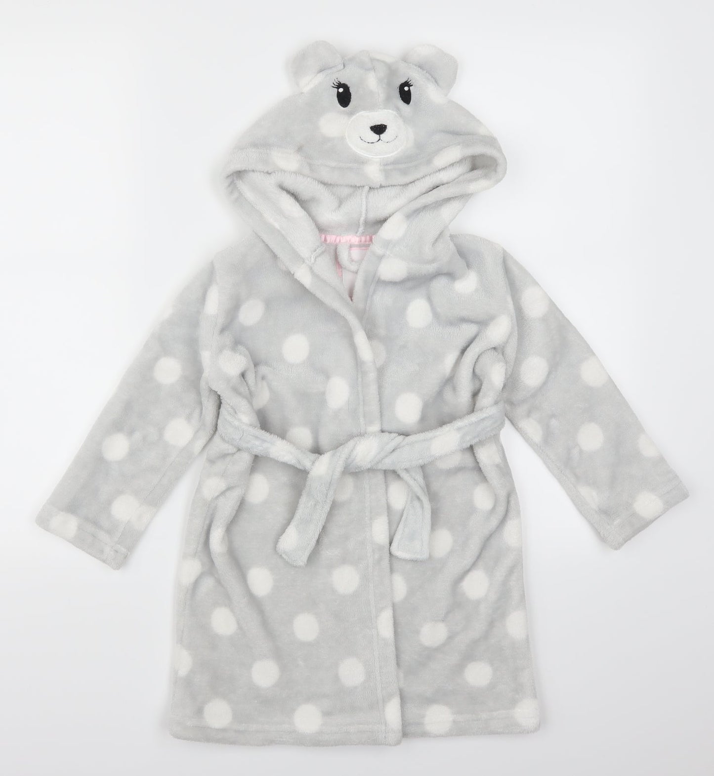 Dream Lounge Girls Grey Polka Dot  Kimono Robe Size 3-4 Years  - Bear Hood