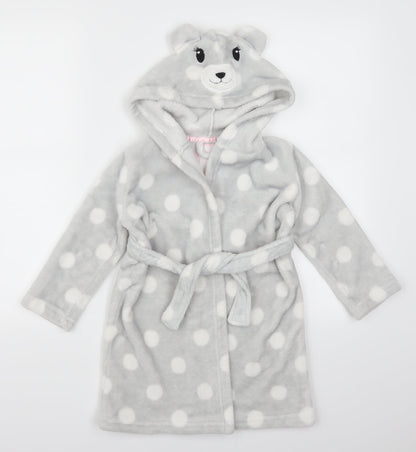 Dream Lounge Girls Grey Polka Dot  Kimono Robe Size 3-4 Years  - Bear Hood