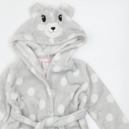 Dream Lounge Girls Grey Polka Dot  Kimono Robe Size 3-4 Years  - Bear Hood