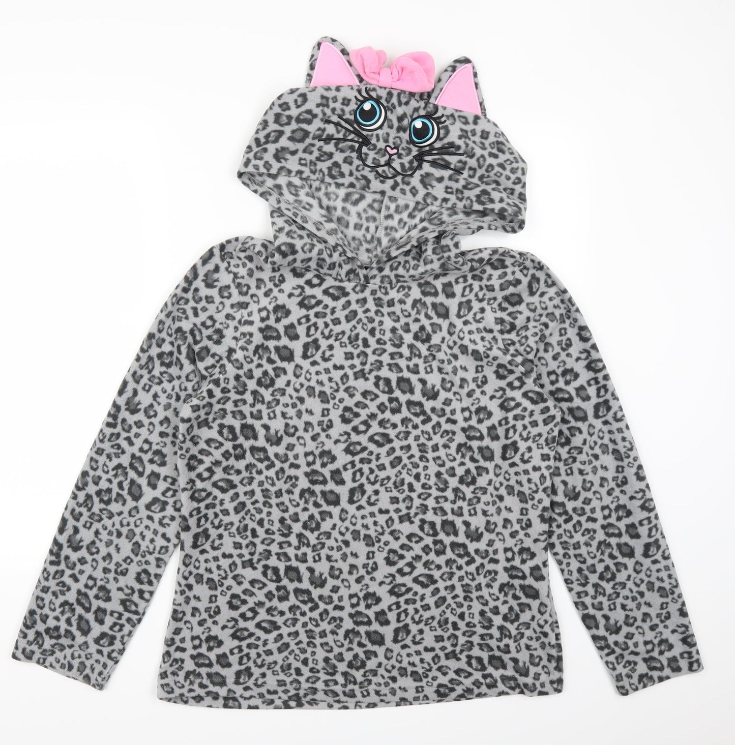 George Girls Grey Animal Print  Top Pyjama Top Size 12 Years  - Cat Hood